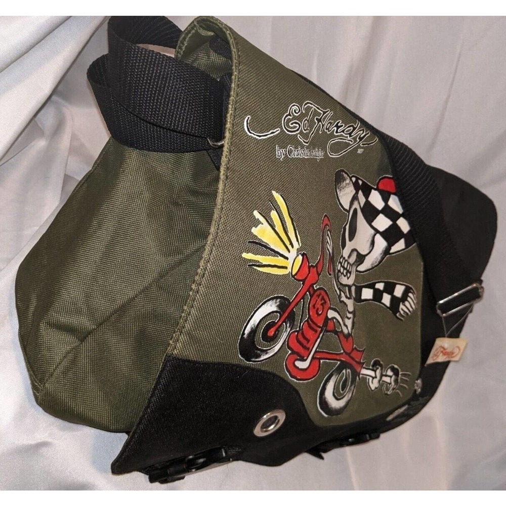 Ed Hardy SPEEDY Motorcycle Skeleton ARMY GREEN Messenger Bag Y2K NWT - Picture 4 of 7